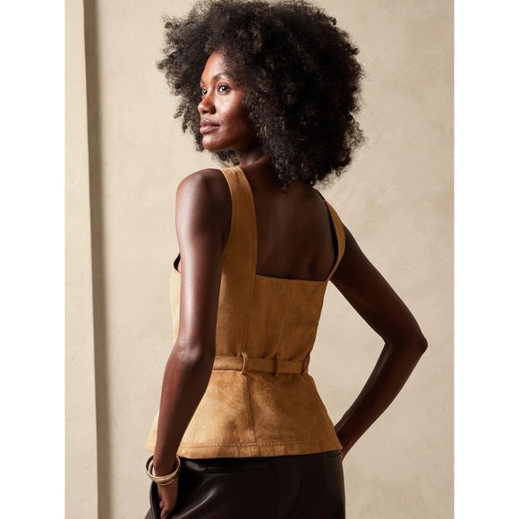 Banana Republic Lucie Vegan Suede Top Size 4P Petite Dark Camel - Picture 2 of 11
